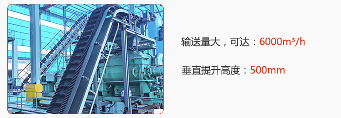 大傾角帶式輸送機(jī)輸送量大，可達(dá)：6000m3/h，垂直提升高度：500mm